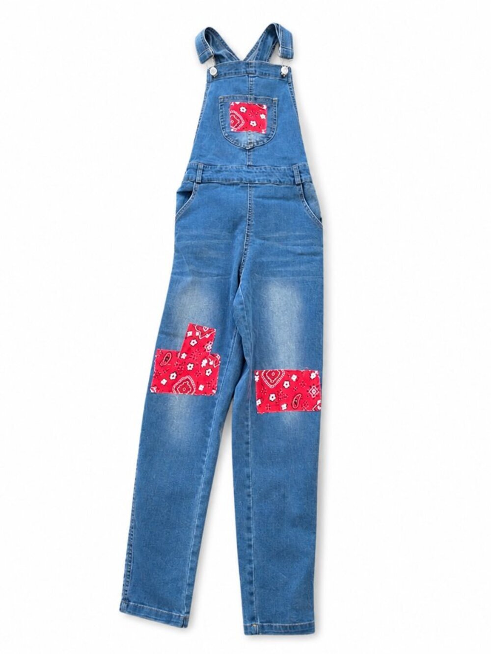 KidsCool Space Denim Overalls Red Bandana Print Patches Size 10-11